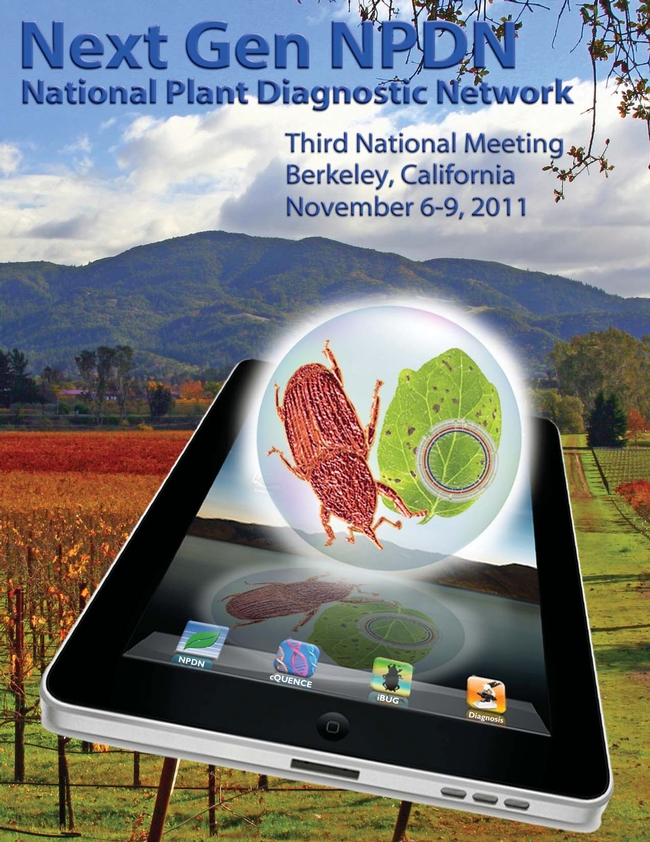 Image: Smart phone with vineyard in the background. Text: NextGen NPDN National Plant Diagnostic Network third national meeting