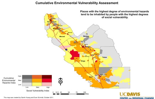 Color-coded maps showing cumulative environmental vulnerability assessment of the San Joaquin Valley.