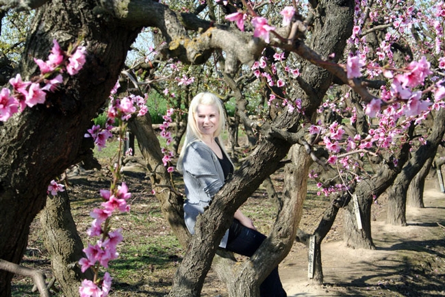 Kimberly Cathline de Rodriguez with trees in bloom.