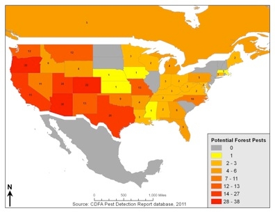 Map2. Origin states of potential forest pests intercepted in firewood in 2011.