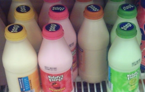 Flavored milk on a shelf.