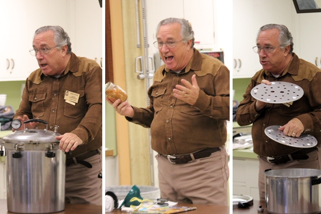 Three photos of a man speaking around kitchen equipment.