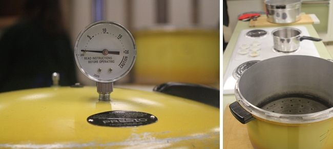 Close-up of a pressure gauge and an empty pot near a stovetop.