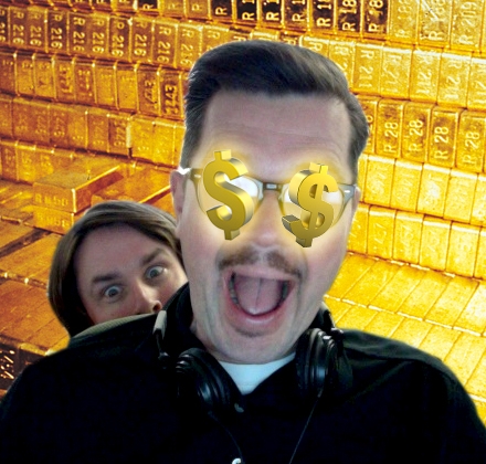 two creepy guys in a gold vault with money over their eyes