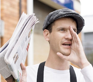 Image: newspaper man selling papers yelling.