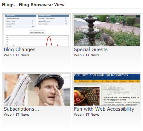 Image of blog posts showing images in the Showcase view format, 2 columns wide.