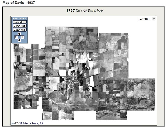 The 1-column display of an off-site webpage.  Thi features a GIS map of Davis, circa 1937.